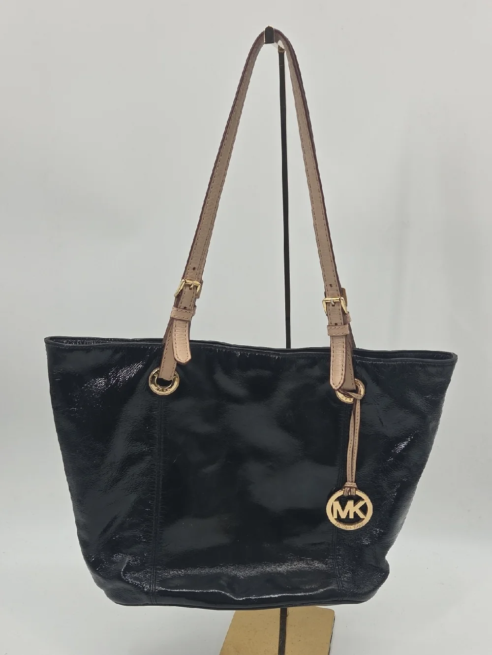 Michael Kors Black Patent Tote with Tan Straps and Gold MK Charm
